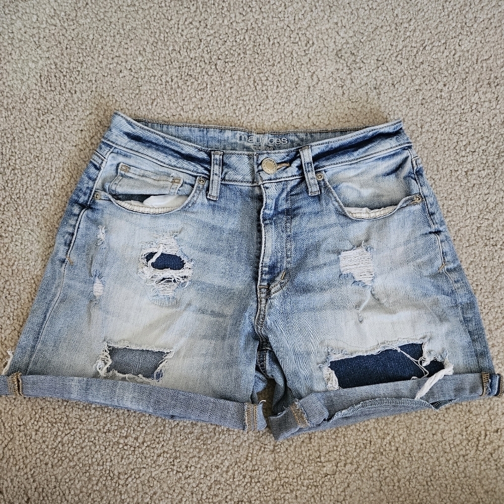 Maurices Midrise Distressed Light Blue Denim Shorts 6